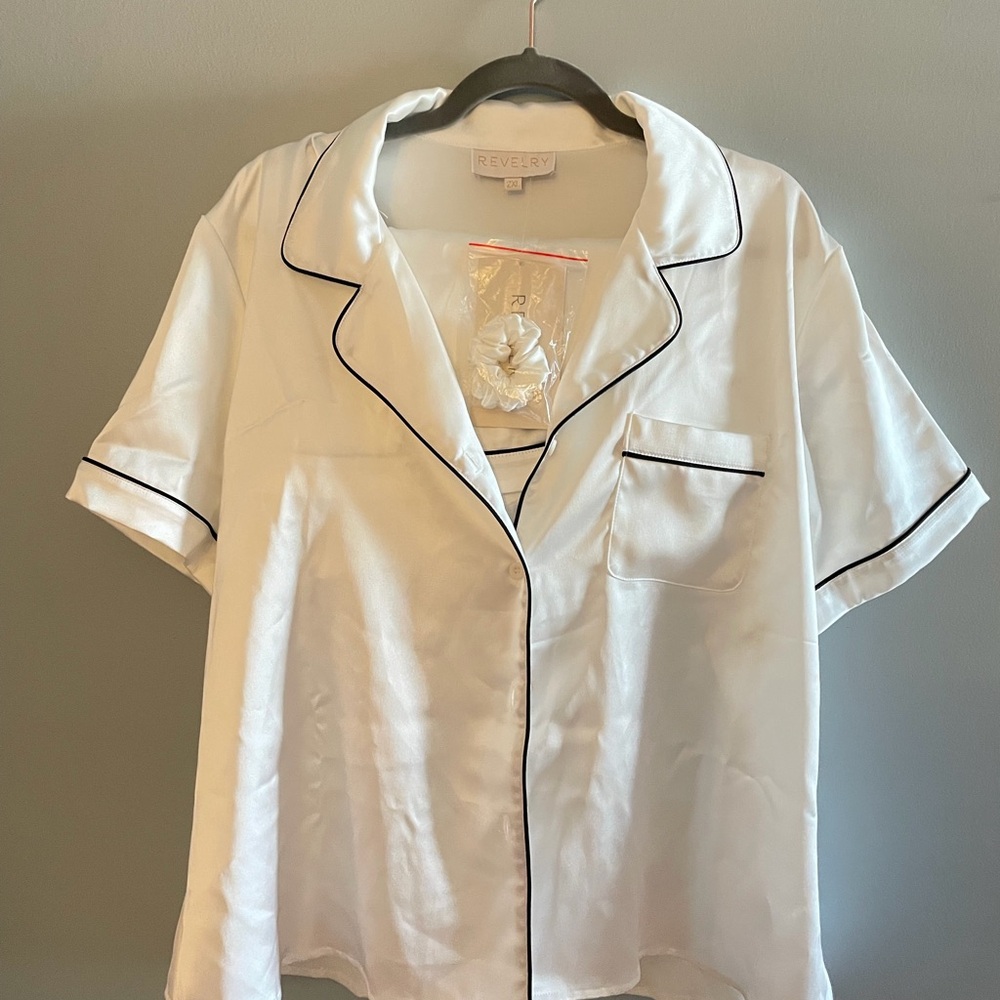 Revelry Ivory Satin Pajama Top with Black Trim